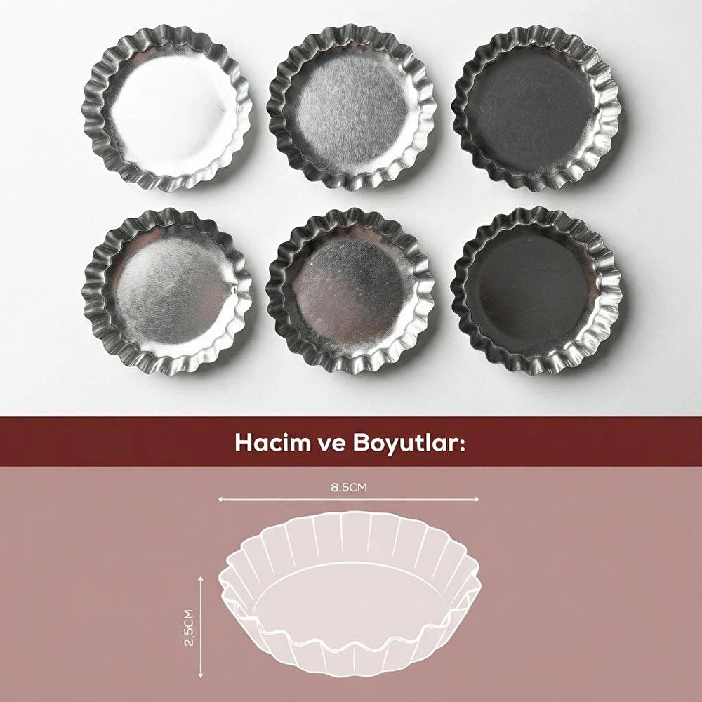 Vienev Geniş Tabanlı 6'lı Mini Boy Metal Tırtıklı Tartolet Ve Porsiyonluk Kek Kalıbı Seti görseli 6