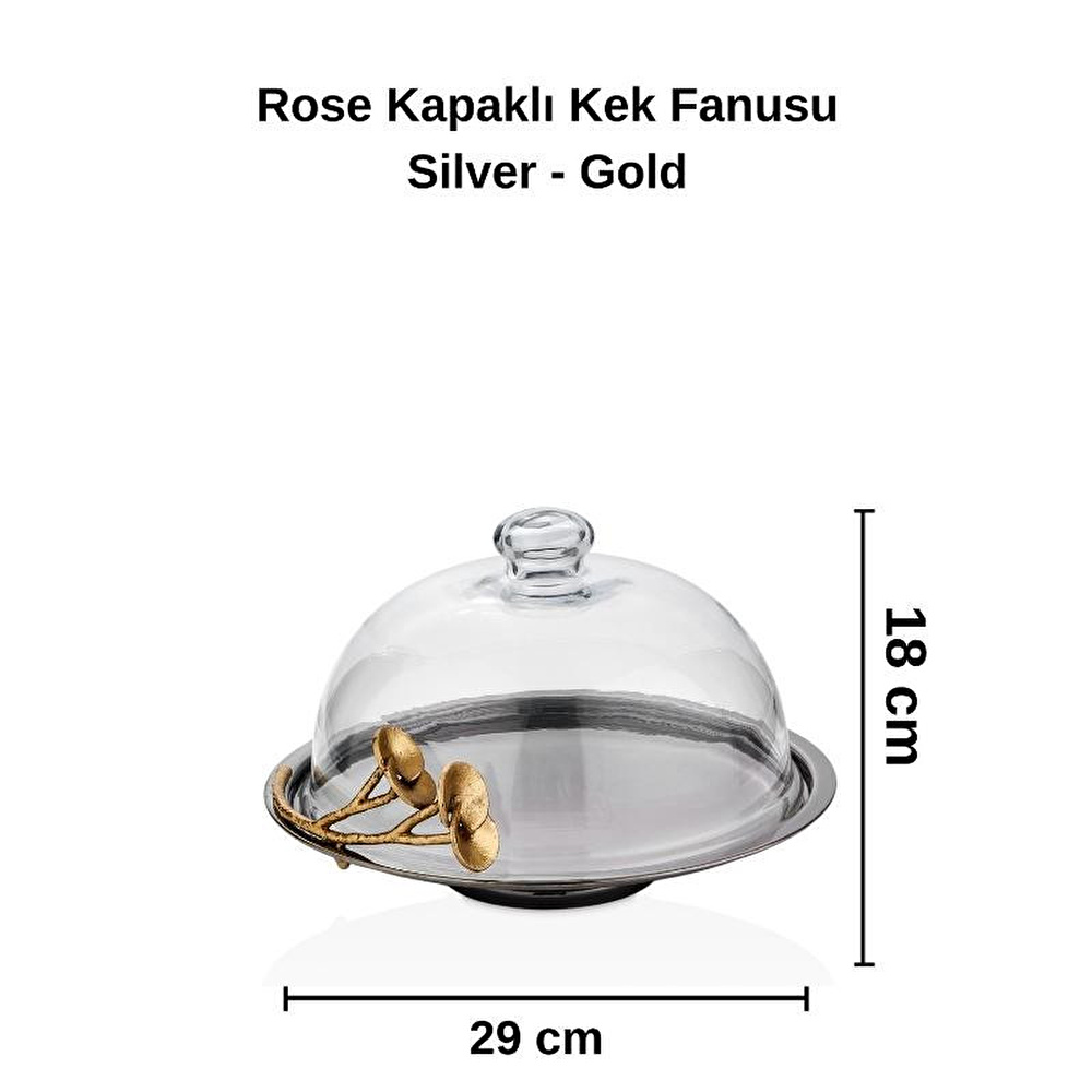 Cornella Rose Kapaklı Kek Fanusu Silver - Gold Çap:29 Cm X Boy:18 Cm görseli 5