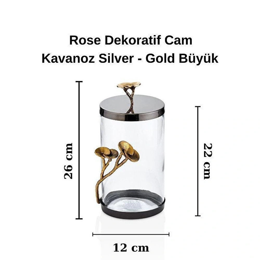 Cornella Rose Dekoratif Cam Kavanoz Silver - Gold Büyük Ağız :12 Cm X Boy:22 Cm X Tüm:26 Cm görseli 5