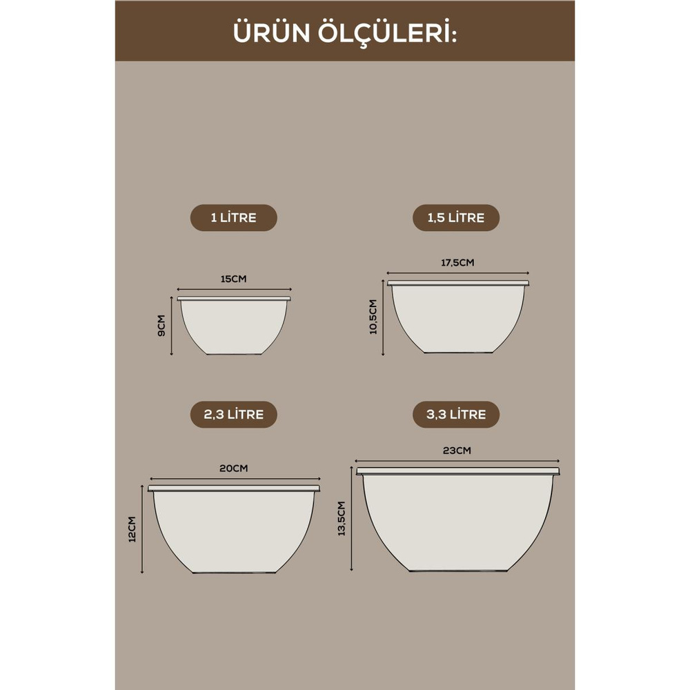 Vienev 4'lü Yuvarlak Kase Seti Bej | 1l, 1.5l, 2.3l, 3.3l | Kapaklı Çok Amaçlı Mutfak Saklama Kabı görseli 5