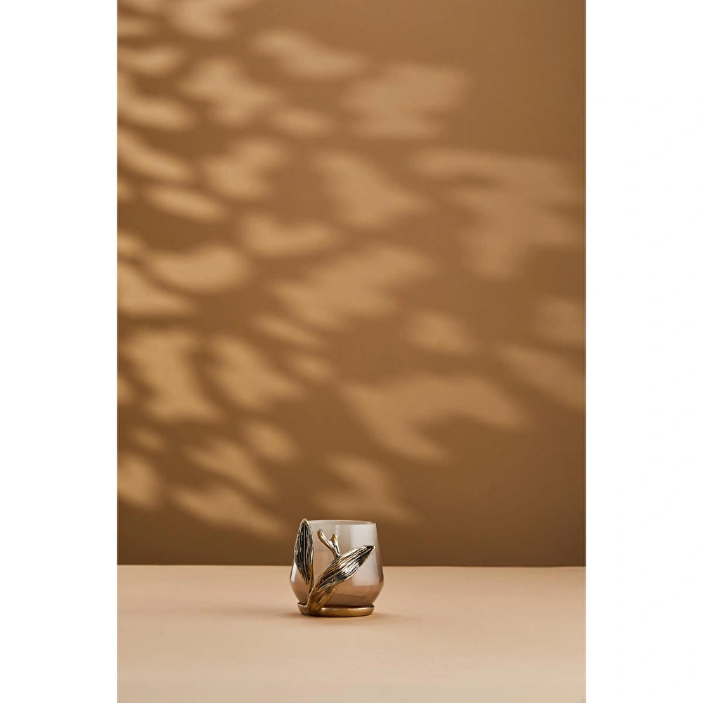 Cornella Ivy Antik Gold Detaylı Krem Ombreli Cam Şamdan Ağız:7 Cm X Boy:9 Cm görseli 1