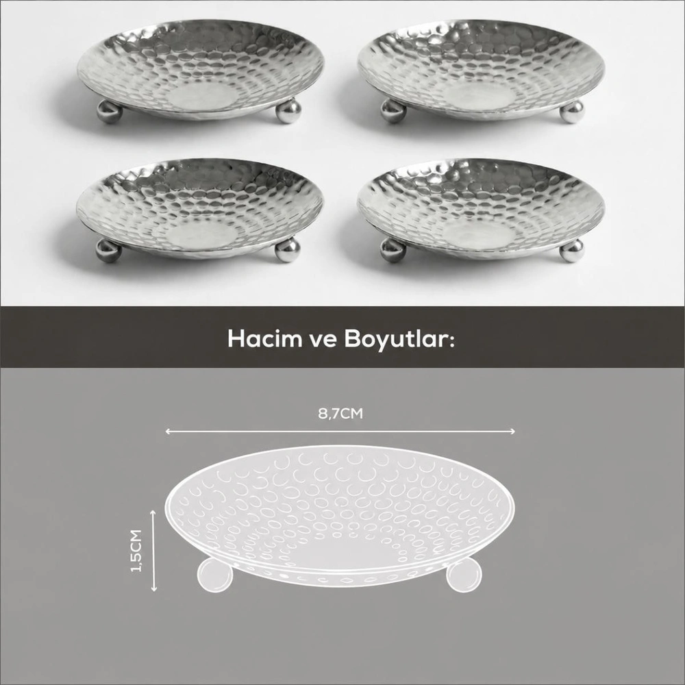 Vienev 4'lü Gümüş Renk Metal Mini Lokumluk - Dövme Desenli Sunum Tabağı görseli 6