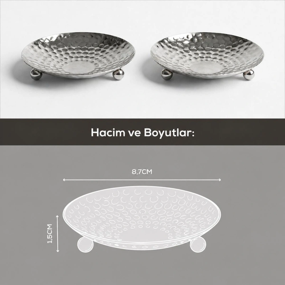 Vienev 2'li Gümüş Renk Metal Mini Lokumluk - Dövme Desenli Sunum Tabağı görseli 6