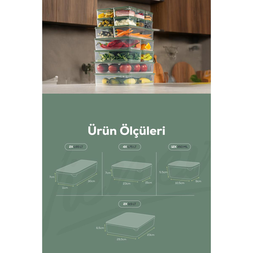 Vienev 20'li Buzdolabı Dondurucu Organizer Ve Saklama Kabı Yeşil 12x(350ml) 4x(1,75lt) 2x(1,65lt) 2x(3,5lt) görseli 2