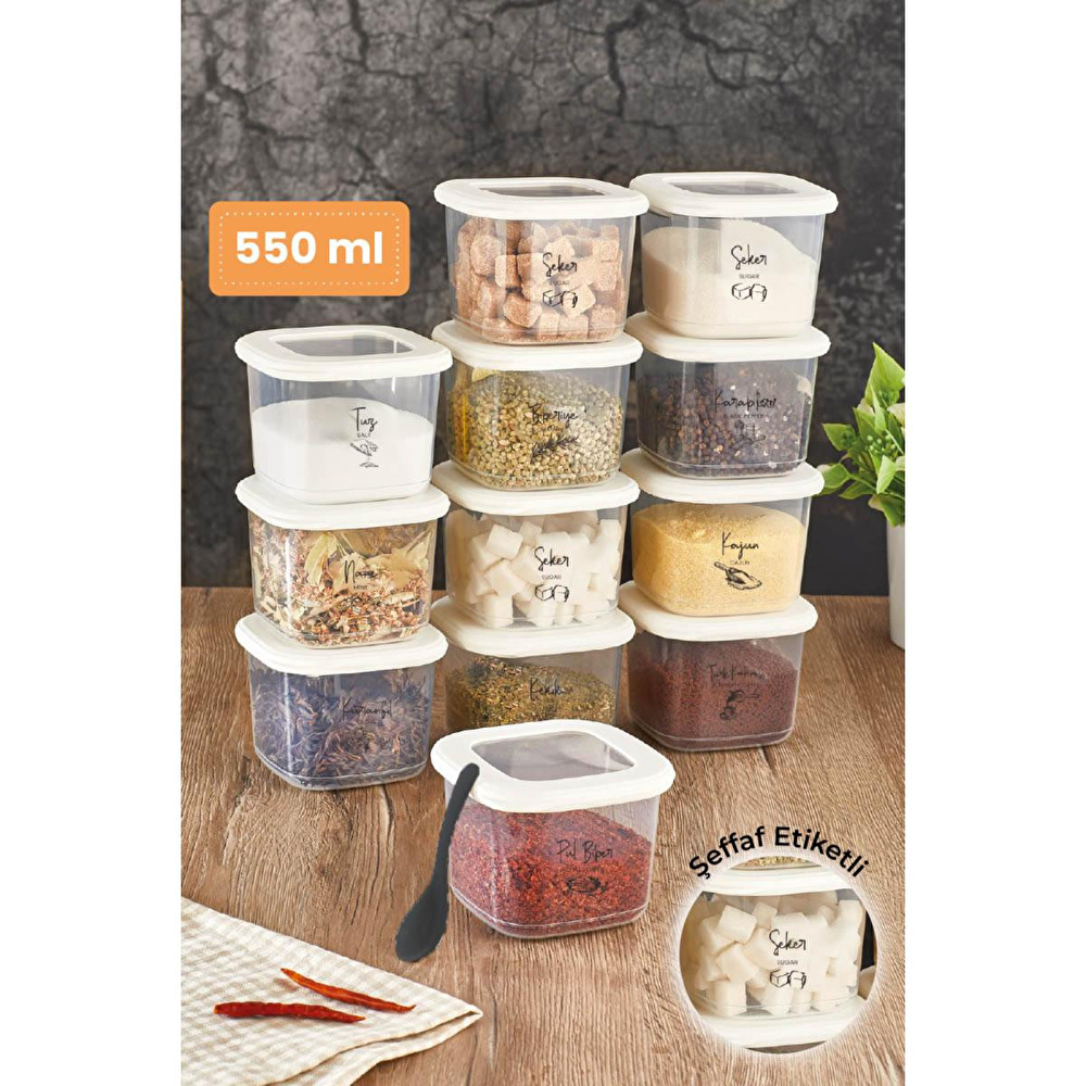 Vienev Siyah Serigrafi Etiketli Kaşıklı Foly Baharat Saklama Kabı 12'li Set Küçük Boy 0,55 Litre Beyaz görseli 1