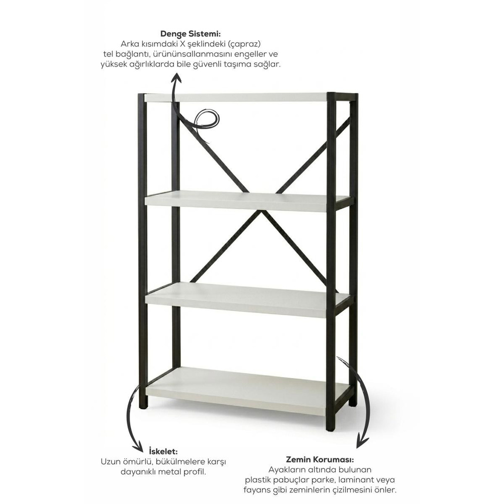 Vienev 4 Raflı Metal Dolap - Metal Ve Ahşap Kitaplık, Mutfak Rafı 120x60 Siyah-beyaz görseli 4
