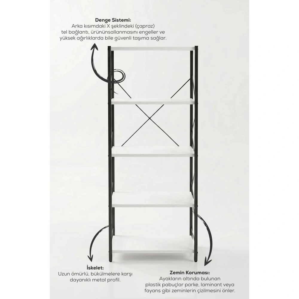 Vienev 5 Raflı Metal Dolap - Metal Ve Ahşap Kitaplık, Mutfak Rafı 150x60 Siyah-beyaz görseli 4