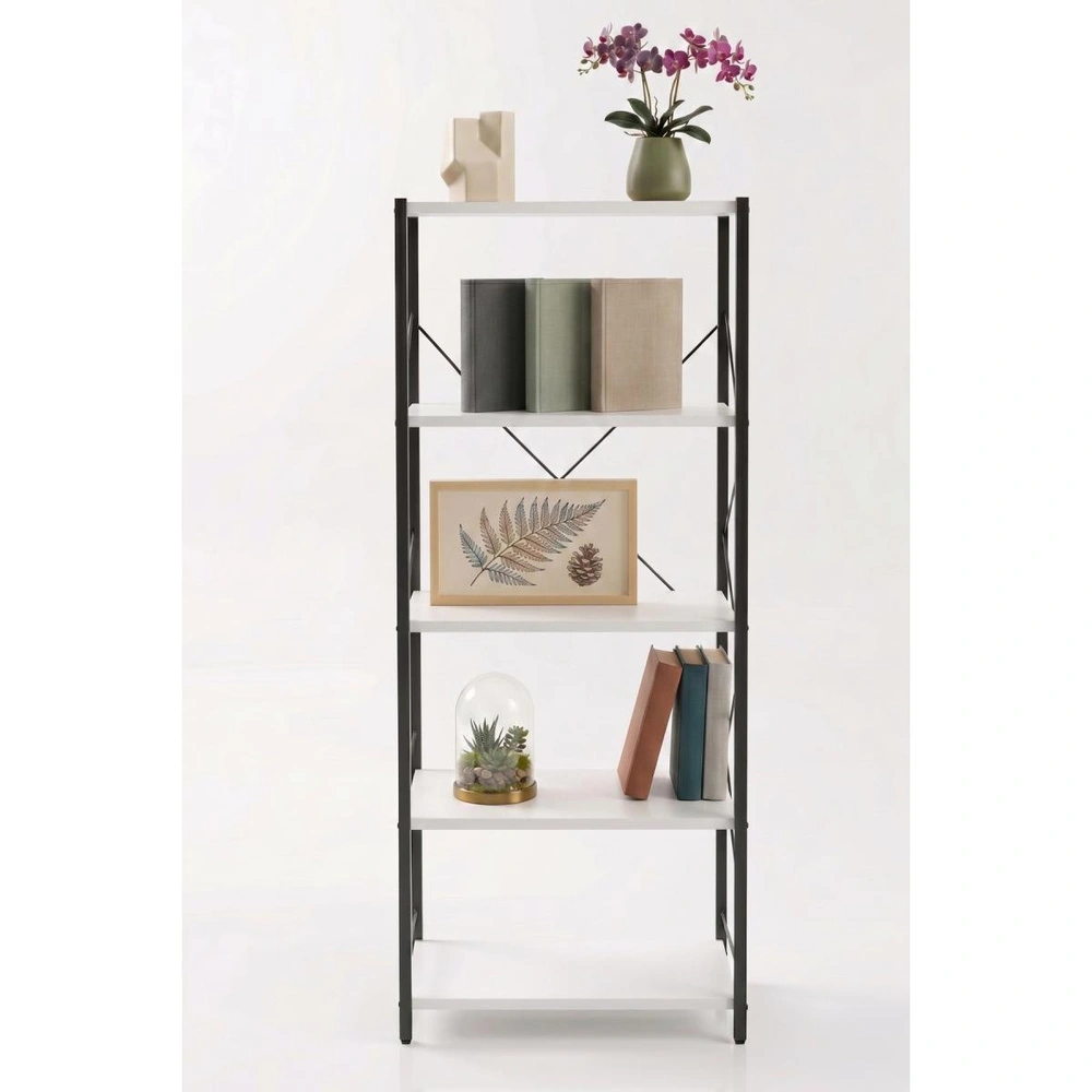 Vienev 5 Raflı Metal Dolap - Metal Ve Ahşap Kitaplık, Mutfak Rafı 150x60 Siyah-beyaz görseli 2