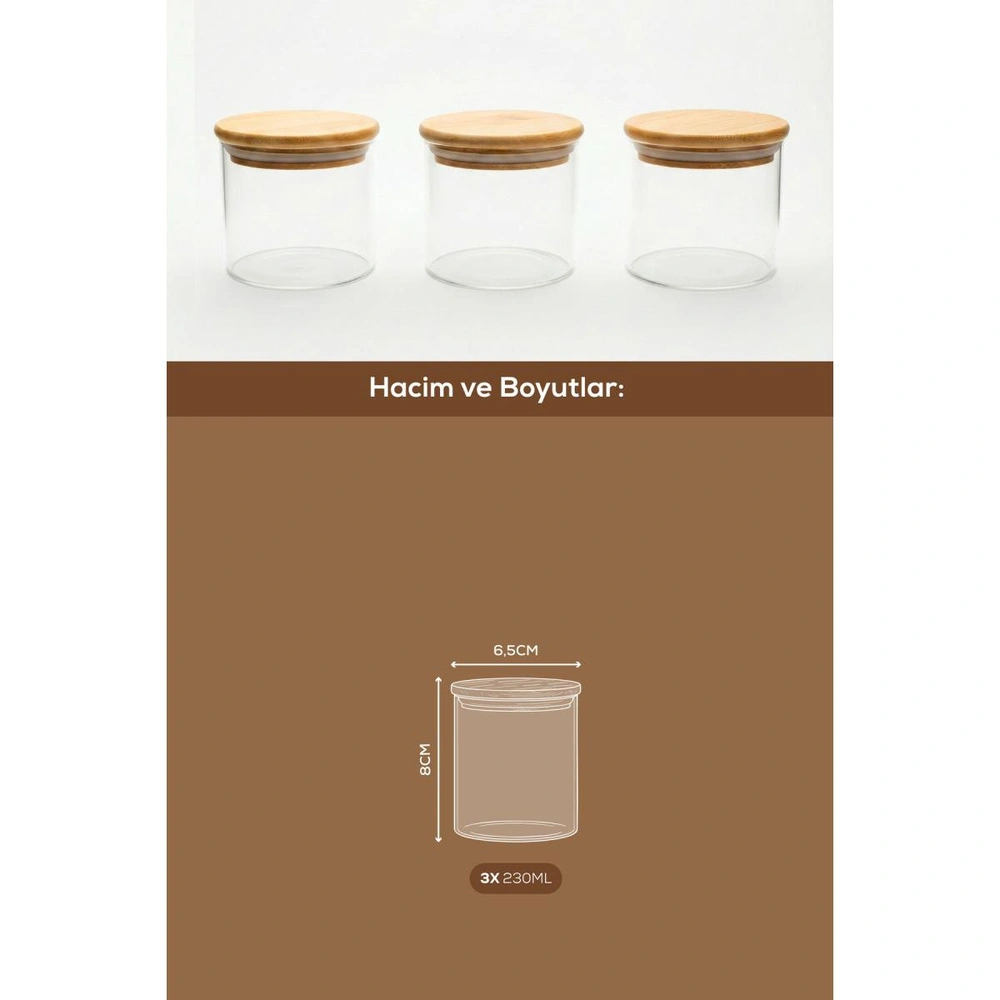 Vienev 3'lü Set Bambu Kapaklı Cam Kavanoz 230 Ml - Erzak Düzenleyici Saklama Kabı (6,5x8cm) görseli 5