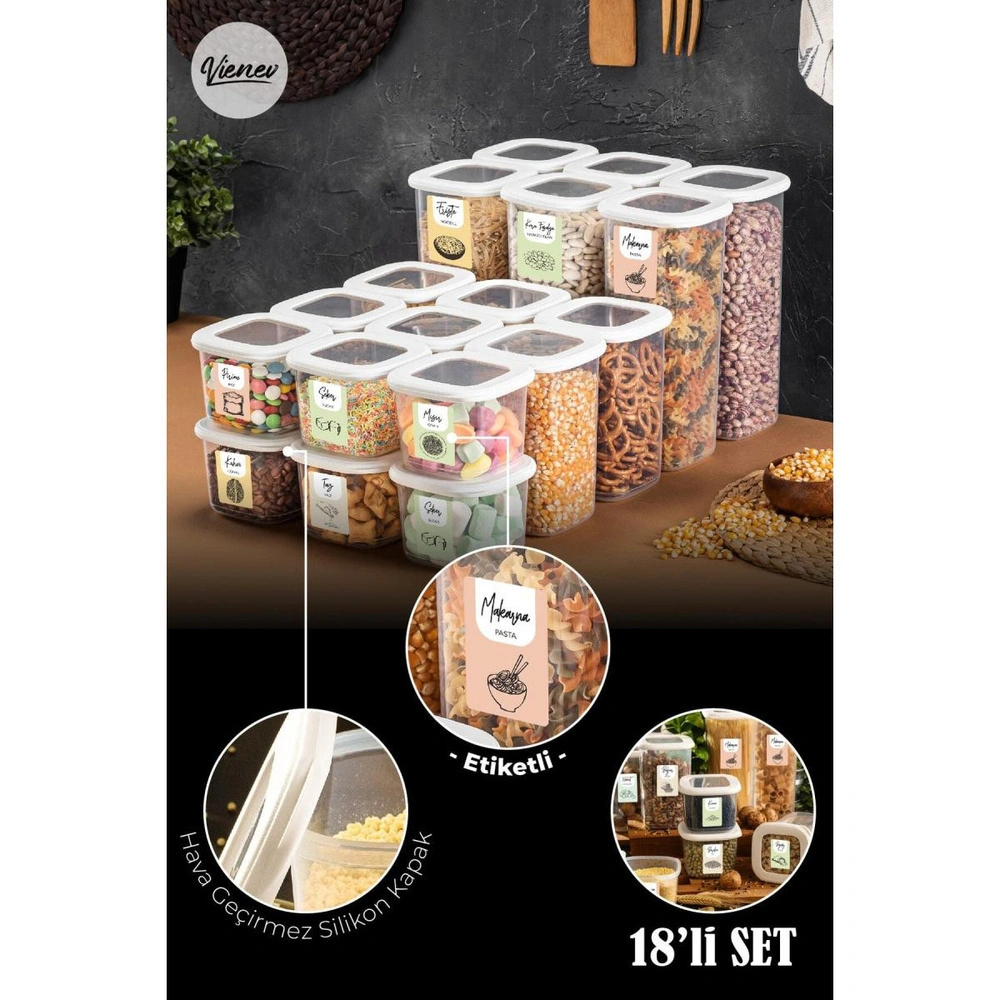 Vienev Renkli Etiketli Kare Erzak Saklama Kabı 18li Set 6x(0,55 Litre, 1,2 Litre, 1,75 Litre) Beyaz görseli 1