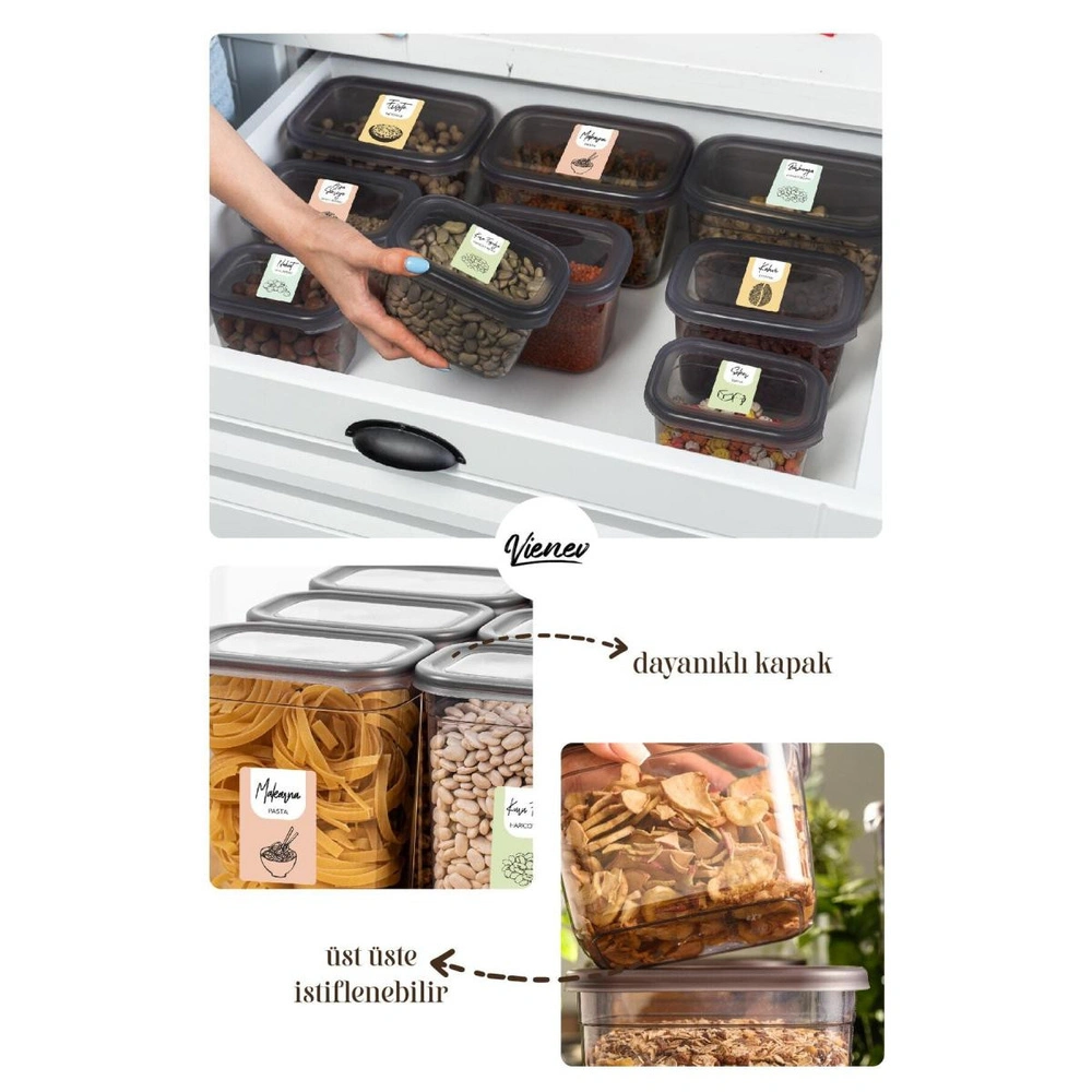 Vienev Renkli Etiketli 9lu Peggy Dikdörtgen Saklama Kabı Seti 3x(1500-1150-800 Ml) Antrasit görseli 5