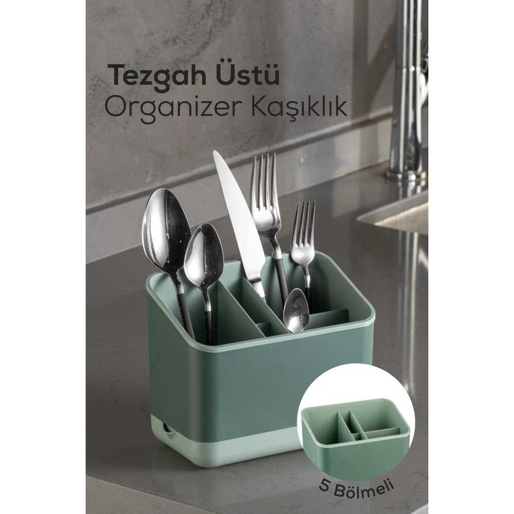 Vienev Tezgah Üstü Kaşık Düzenleyici 5 Bölmeli Organizer Kaşıklık Yeşil görseli 1