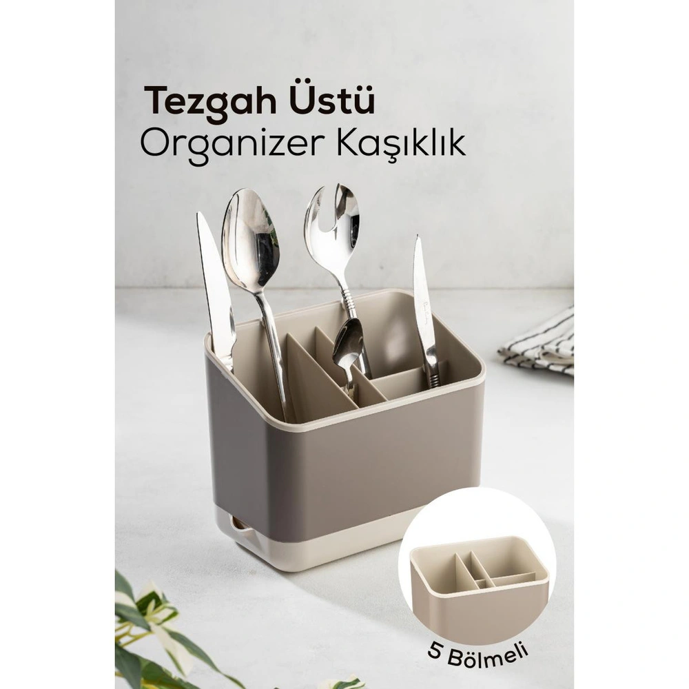 Vienev 5 Bölmeli Organizer Kaşıklık Tezgah Üstü Kaşık Düzenleyici Bej görseli 1
