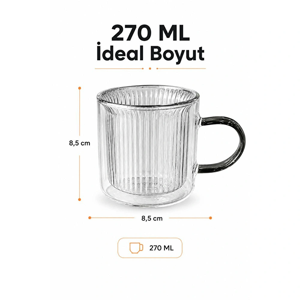 Vienev 270 Ml Çift Cidarlı Borosilikat Cam Kupa - Isıya Dayanıklı Kulplu Bardak görseli 2