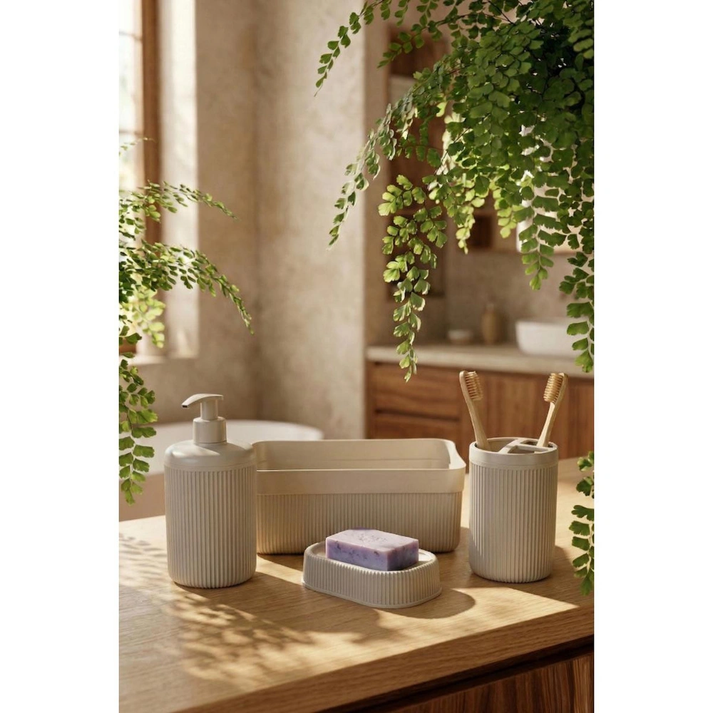 Vienev 4'lü Banyo Seti 550 Ml Bej - Sıvı Sabunluk, Diş Fırçalık Ve Çok Amaçlı Düzenleyici Organizer görseli 5