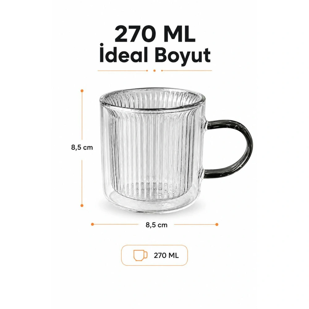 Vienev 2'li 270 Ml Çift Cidarlı Borosilikat Cam Kupa - Isıya Dayanıklı Kulplu Bardak görseli 2