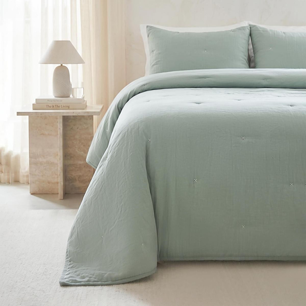 Ocean Home Textile Nakışlı Mint Çift Kişilik Yatak Örtüsü Seti 1 Adet 250 X 230 / 2 Adet 50 X 70 Cm görseli 1