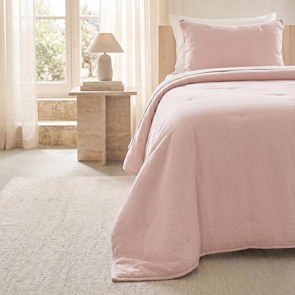 Ocean Home Textile Nakışlı Pudra Tek Kişilik Yatak Örtüsü Seti 1 Adet 180 X 230 / 1 Adet 50 X 70 Cm görseli 1