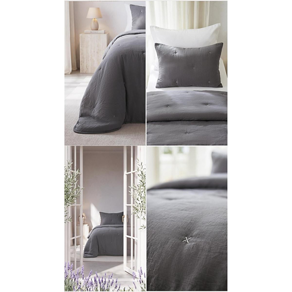 Ocean Home Textile Nakışlı Antrasit Tek Kişilik Yatak Örtüsü Seti 1 Adet 180 X 230 / 1 Adet 50 X 70 Cm görseli 4
