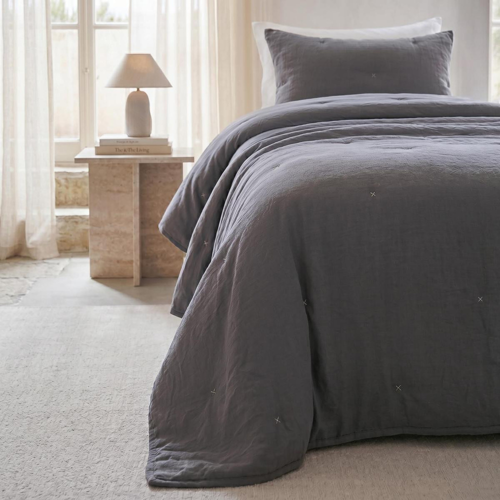 Ocean Home Textile Nakışlı Antrasit Tek Kişilik Yatak Örtüsü Seti 1 Adet 180 X 230 / 1 Adet 50 X 70 Cm görseli 2