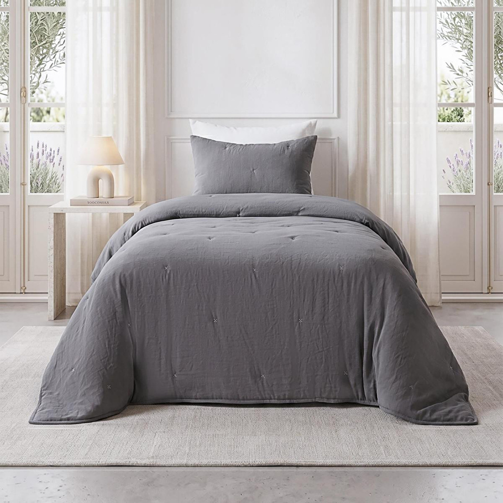 Ocean Home Textile Nakışlı Antrasit Tek Kişilik Yatak Örtüsü Seti 1 Adet 180 X 230 / 1 Adet 50 X 70 Cm görseli 1