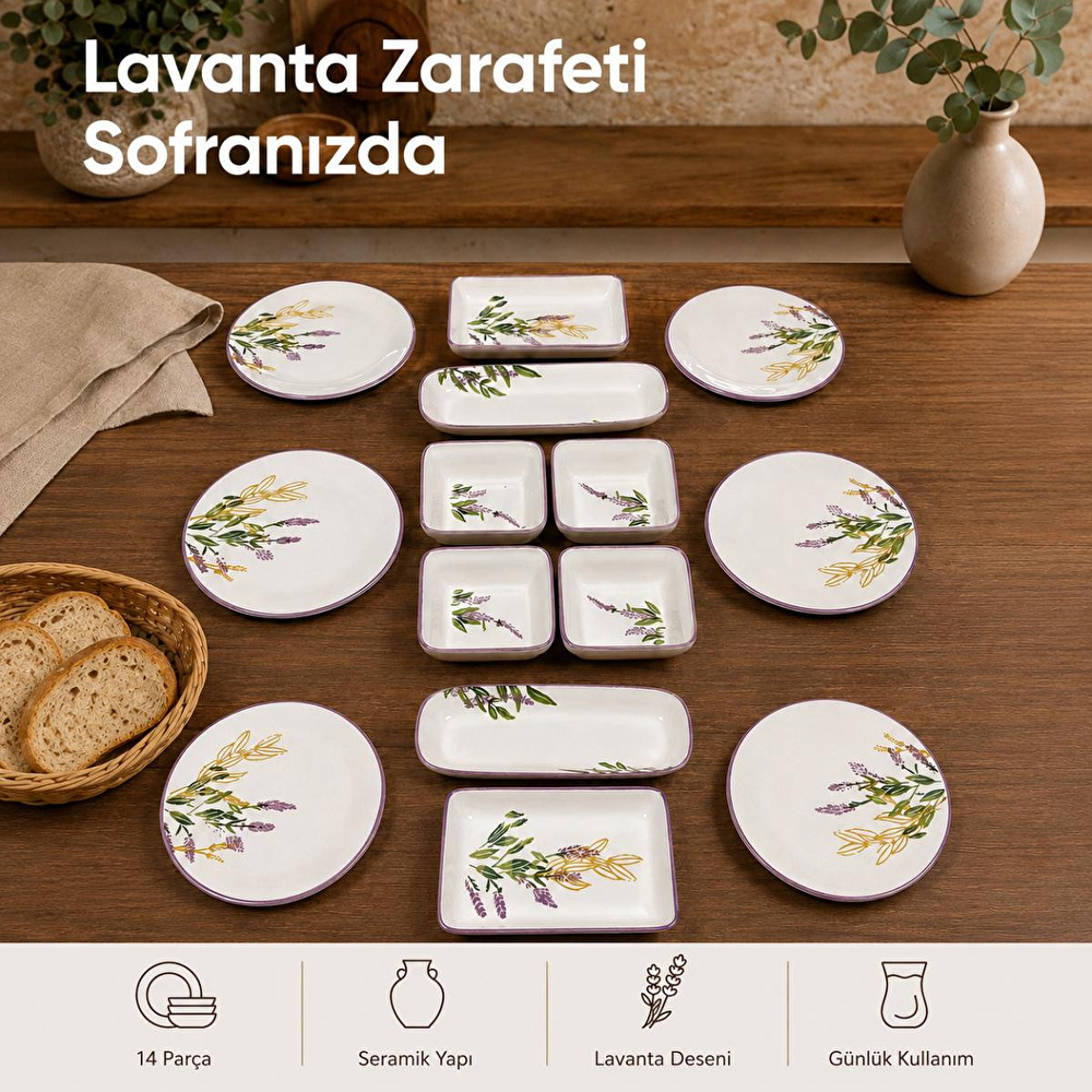 Vienev 14 Parça 6 Kişilik Lavanta Desen Seramik Kahvaltı Takım Seti görseli 5