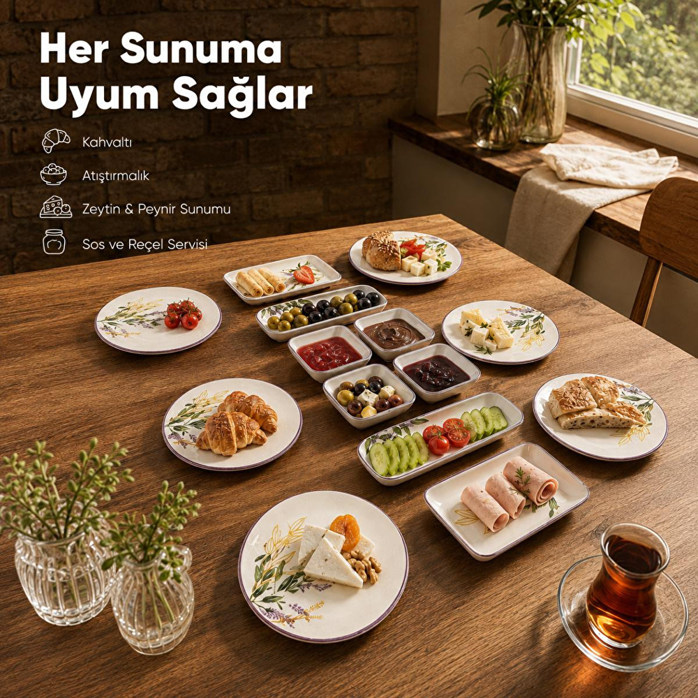 Vienev 14 Parça 6 Kişilik Lavanta Desen Seramik Kahvaltı Takım Seti görseli 4