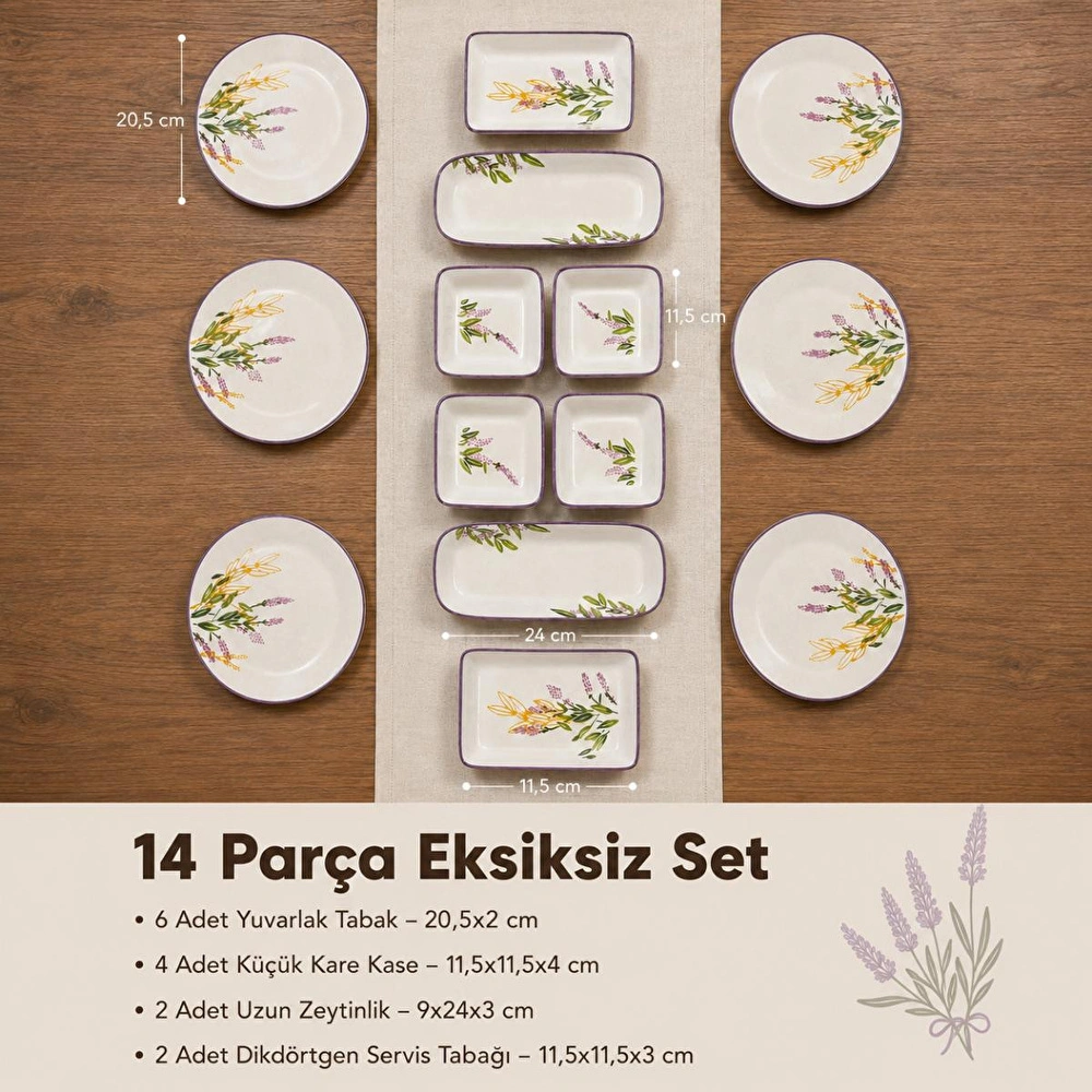 Vienev 14 Parça 6 Kişilik Lavanta Desen Seramik Kahvaltı Takım Seti görseli 2