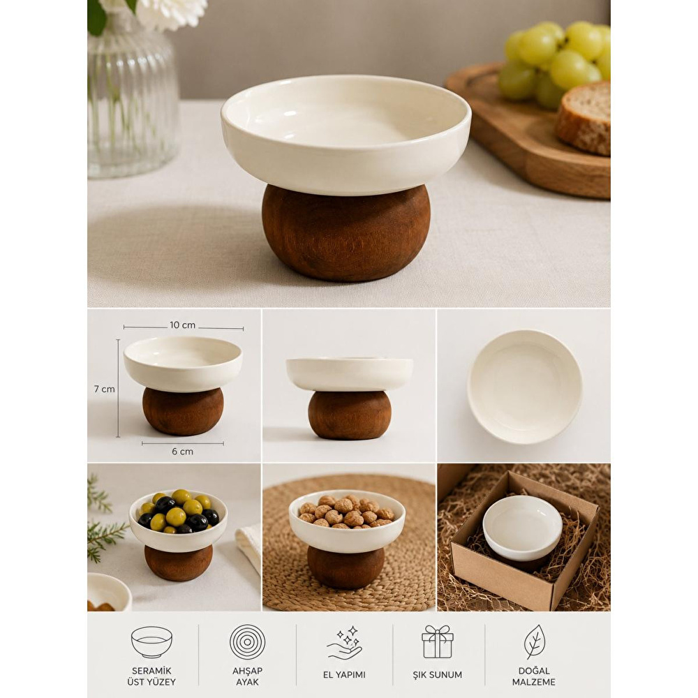 Beige & Stone Ahşap Ayaklı Seramik Sunumluk Kase 11,5 Cm Dondurma Çerezlik Kahvaltılık Sosluk görseli 2