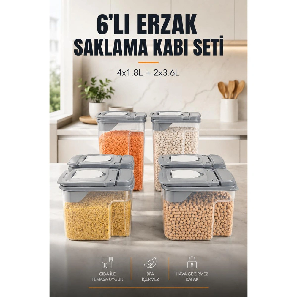 Vienev 6'lı Erzak Saklama Kabı Seti 4x1.8l + 2x3.6l Şeffaf Gri Kapaklı Bakliyat Düzenleyici Organizer görseli 1