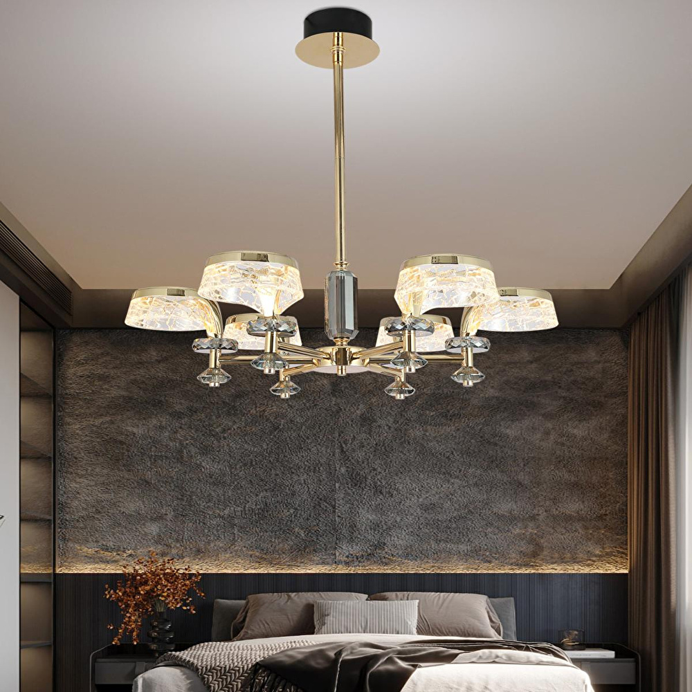 Apliqa Ekerd 6'lı Gold 50 Watt Yuvarlak Kristalli Modern Sarkıt Salon Led Avize görseli 1