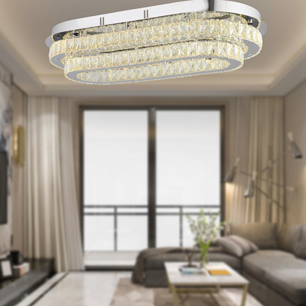Apliqa Valeria 2 Katlı Elips Plafonyer Elips Ledli 3 Renkli Kristalli Taşlı Modern Tasarım Led Kristal Salon Avize görseli 1