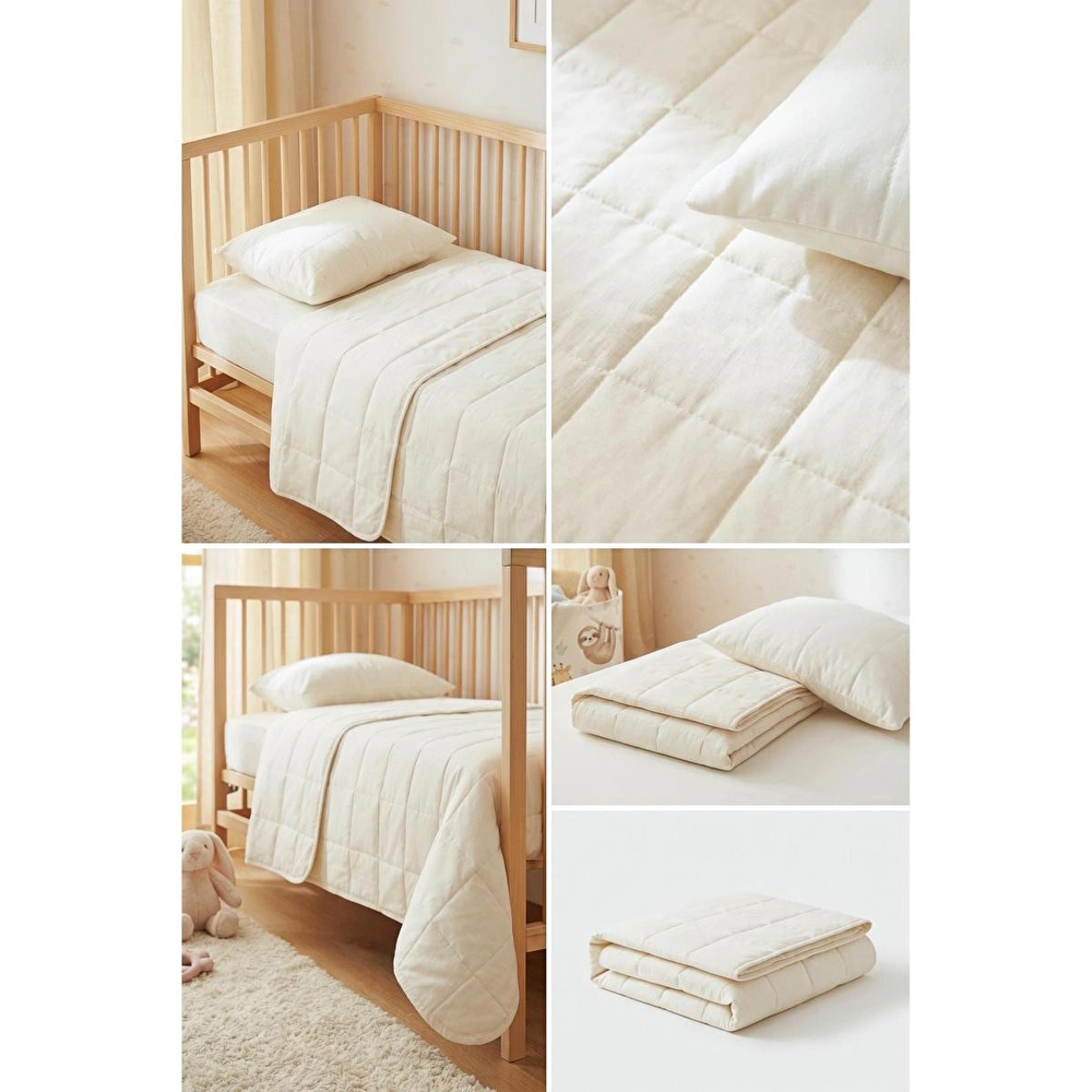 Ocean Home Textile %100 Pamuk Kumaş Kapitoneli Ekru Çok Amaçlı Bebek Yatak Örtüsü Seti 1 Adet 100 X 150 / 1 Adet 37 X 47 Cm görseli 5