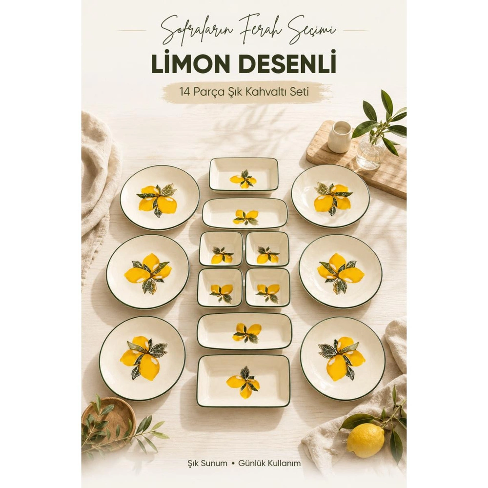 Vienev Limon Desenli Seramik Kahvaltı Takımı 14 Parça Ikram Sunum Tabak Seti görseli 1