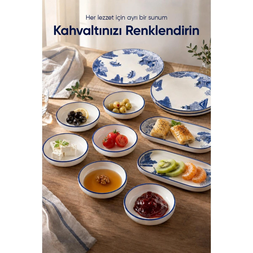 Vienev Mavi Çini Desenli 14 Parça 6 Kişilik Seramik Kahvaltı Takımı Servis Sunum Tabaklı Dekoratif Sofra Seti görseli 4