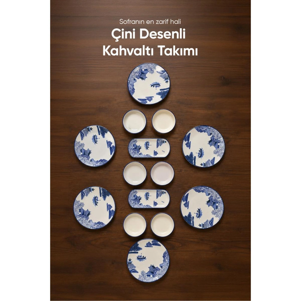 Vienev Mavi Çini Desenli 14 Parça 6 Kişilik Seramik Kahvaltı Takımı Servis Sunum Tabaklı Dekoratif Sofra Seti görseli 2