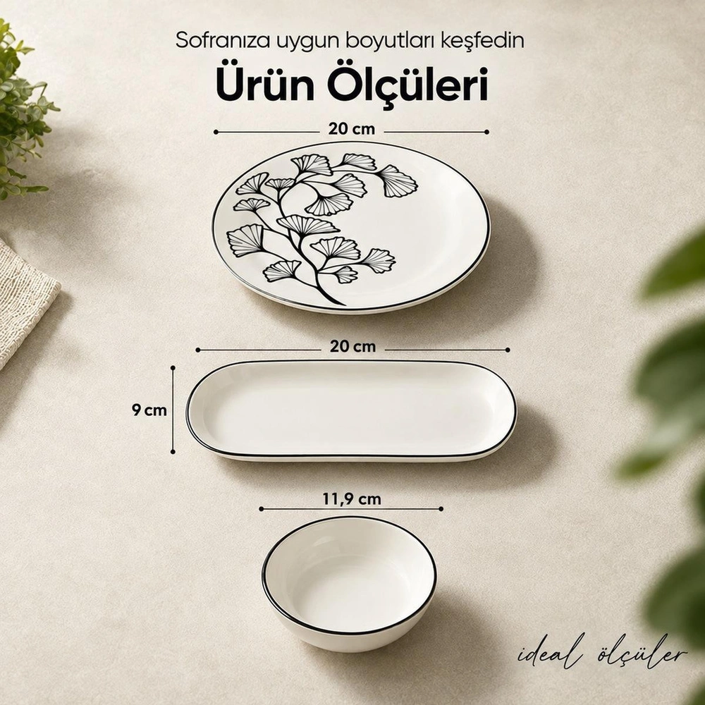 Vienev Siyah Yaprak Desenli 14 Parça 6 Kişilik Seramik Kahvaltı Takımı Servis Sunum Tabaklı Dekoratif Sofra Seti görseli 5