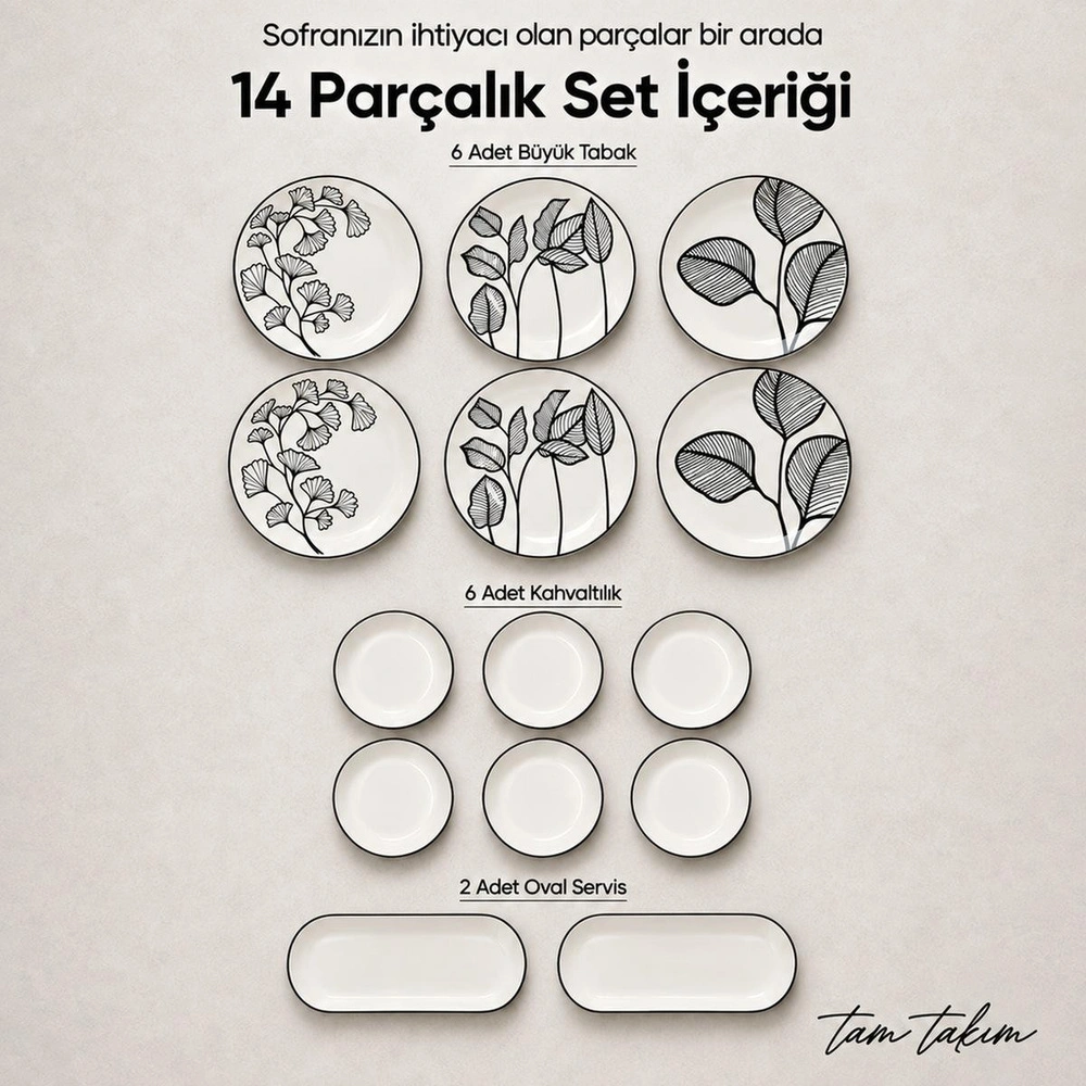Vienev Siyah Yaprak Desenli 14 Parça 6 Kişilik Seramik Kahvaltı Takımı Servis Sunum Tabaklı Dekoratif Sofra Seti görseli 4