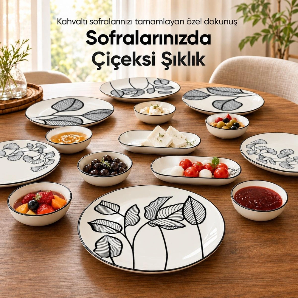 Vienev Siyah Yaprak Desenli 14 Parça 6 Kişilik Seramik Kahvaltı Takımı Servis Sunum Tabaklı Dekoratif Sofra Seti görseli 6