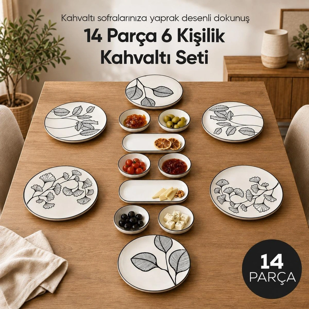 Vienev Siyah Yaprak Desenli 14 Parça 6 Kişilik Seramik Kahvaltı Takımı Servis Sunum Tabaklı Dekoratif Sofra Seti görseli 2
