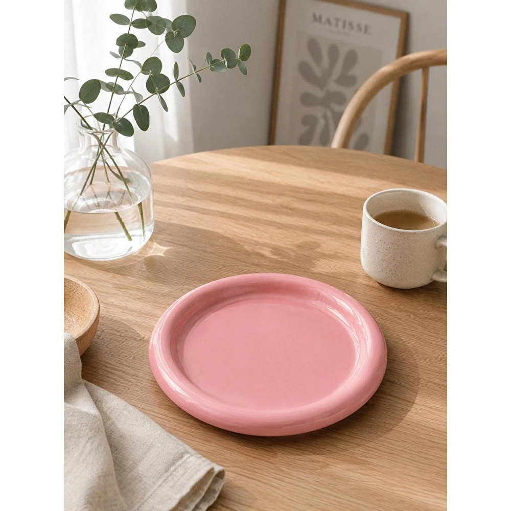 Beige & Stone Seramik Pembe Donut Kahvaltı Pasta Yemek Ve Tatlı Servis Tabak 25 Cm görseli 1