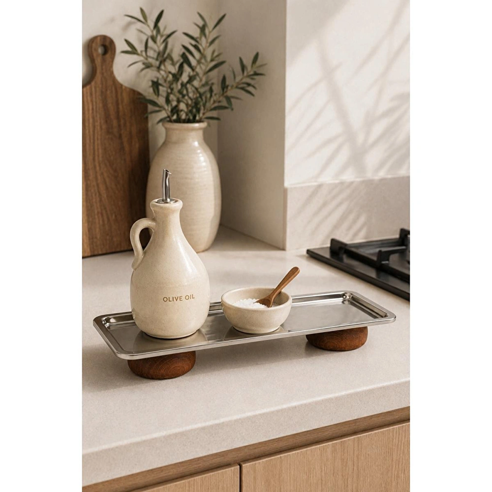 Beige & Stone Gümüş Paslanmaz Çelik Çift Ahşap Ayaklı Dikdörtgen Sunum Ve Servis Tabağı 33x13 Cm görseli 2
