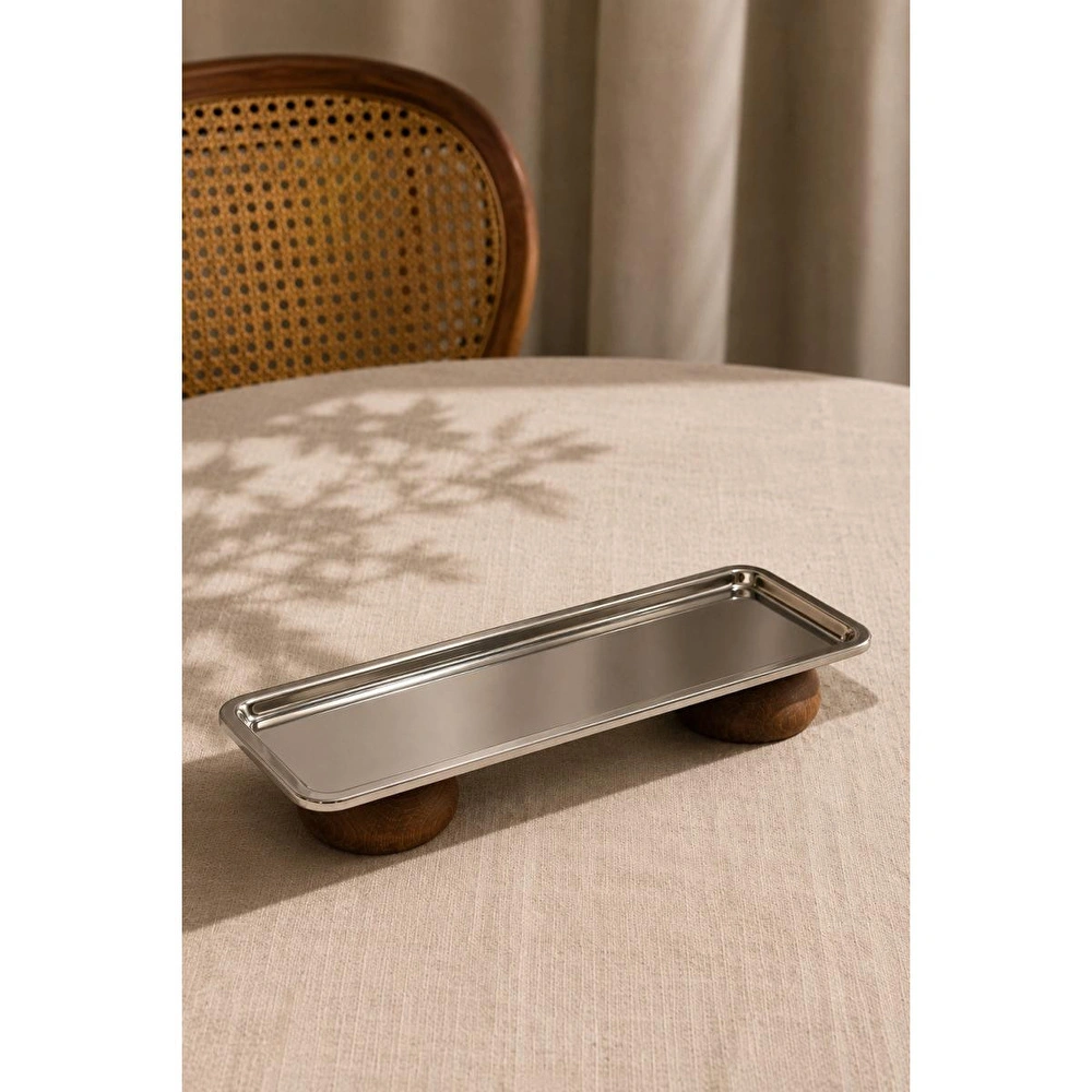 Beige & Stone Gümüş Paslanmaz Çelik Çift Ahşap Ayaklı Dikdörtgen Sunum Ve Servis Tabağı 33x13 Cm görseli 1