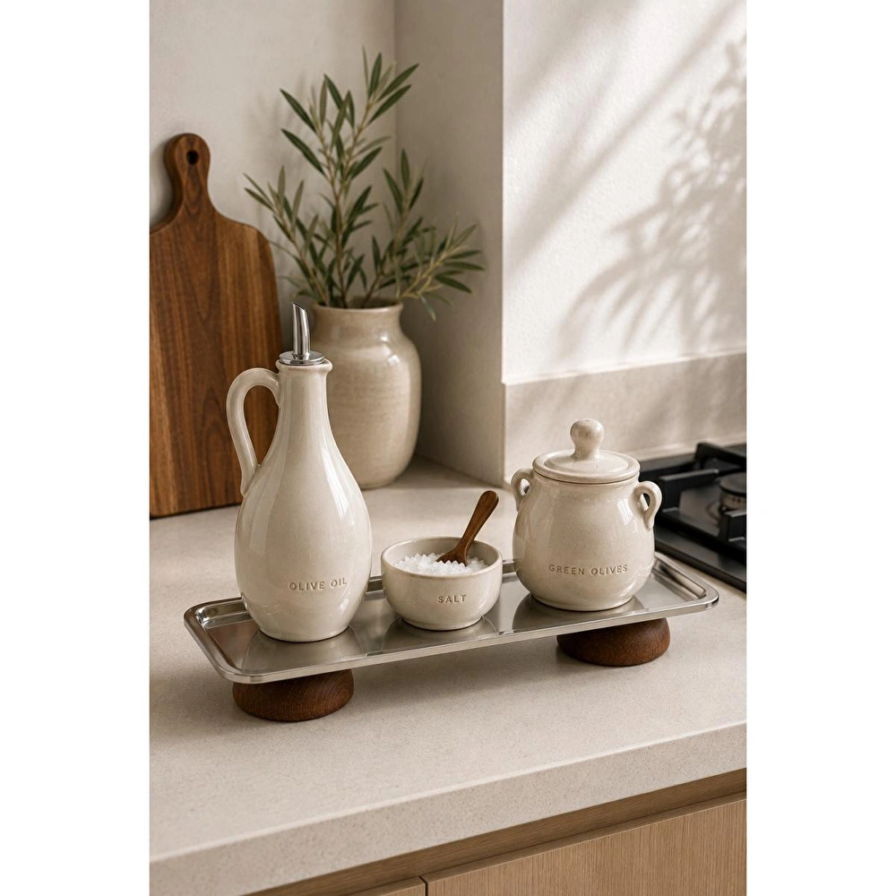 Beige & Stone Gümüş Paslanmaz Çelik Çift Ahşap Ayaklı Dikdörtgen Sunum Ve Servis Tabağı 33x13 Cm görseli 5
