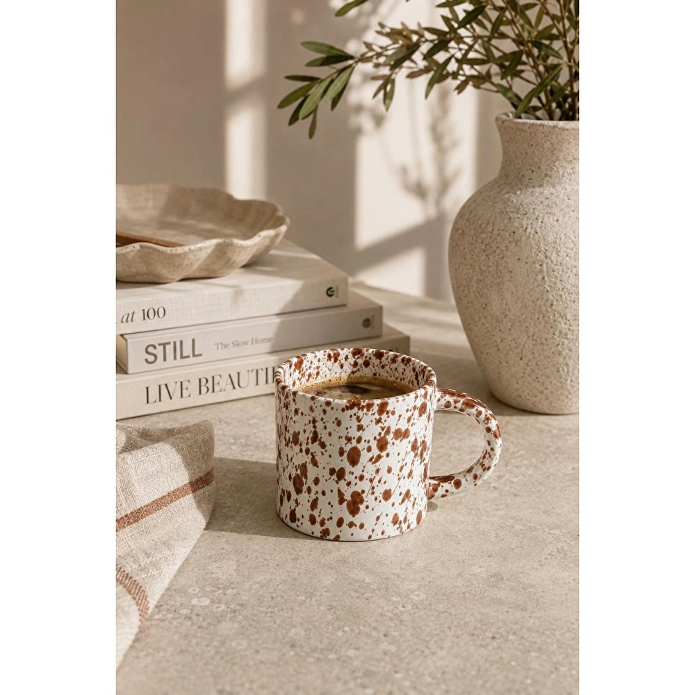 Beige & Stone Kahverengi Benekli Seramik Kupa Kahve Çay Süt Ve Bitki Çayı Kupası Büyük Kulplu Mug Bardak görseli 1