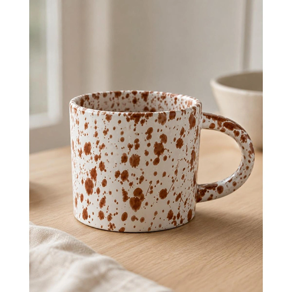 Beige & Stone Kahverengi Benekli Seramik Kupa Kahve Çay Süt Ve Bitki Çayı Kupası Büyük Kulplu Mug Bardak görseli 2