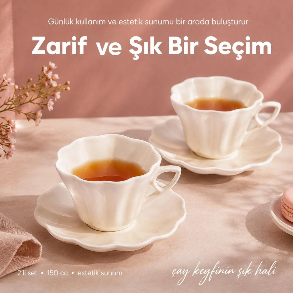 Vienev 2'li Çiçek Şekilli Seramik Çay Fincanı Seti 150 Cc Beyaz görseli 6