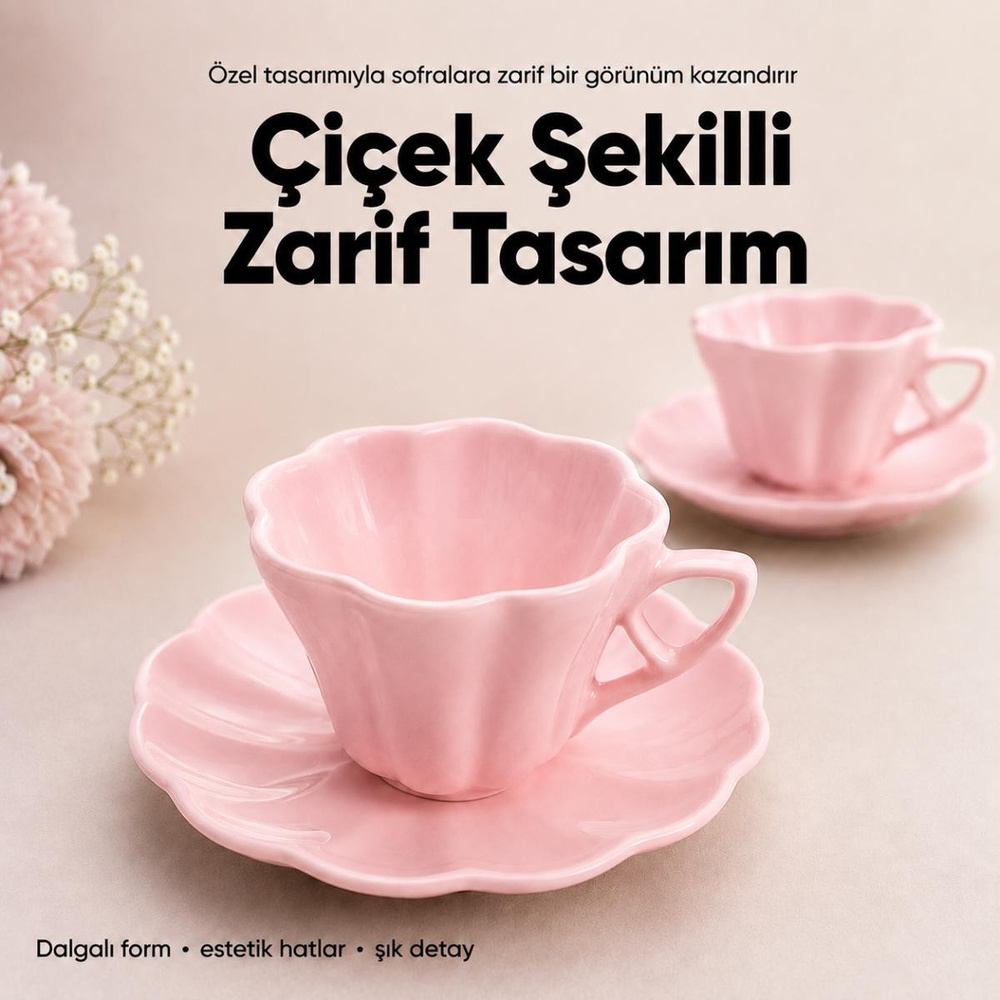 Vienev 2'li Çiçek Şekilli Seramik Çay Fincanı Seti 150 Cc Pembe görseli 3