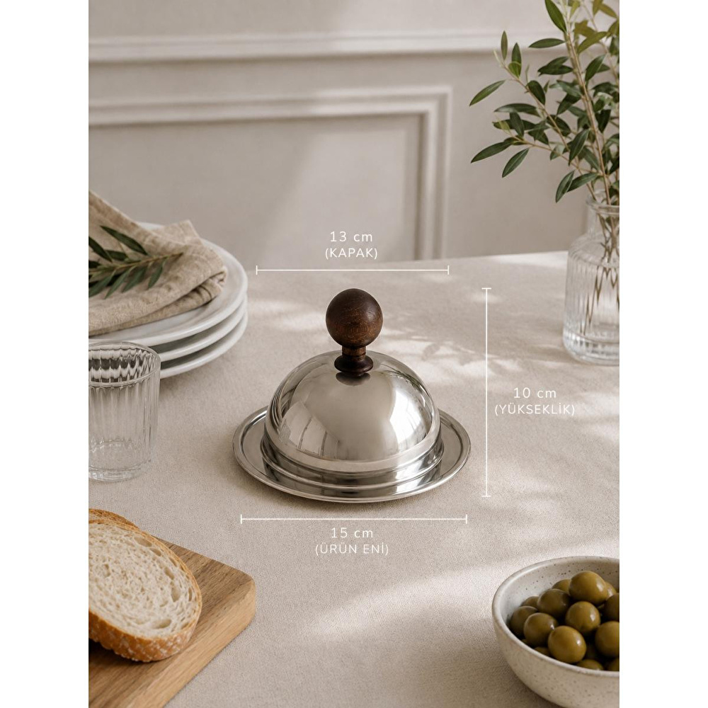 Beige & Stone Ahşap Kulplu Paslanmaz Çelik Fanuslu Sunum Tabağı 15 Cm – 13 Cm Kapaklı Kahvaltılık Peynir Tereyağı İkram Tabağı görseli 2