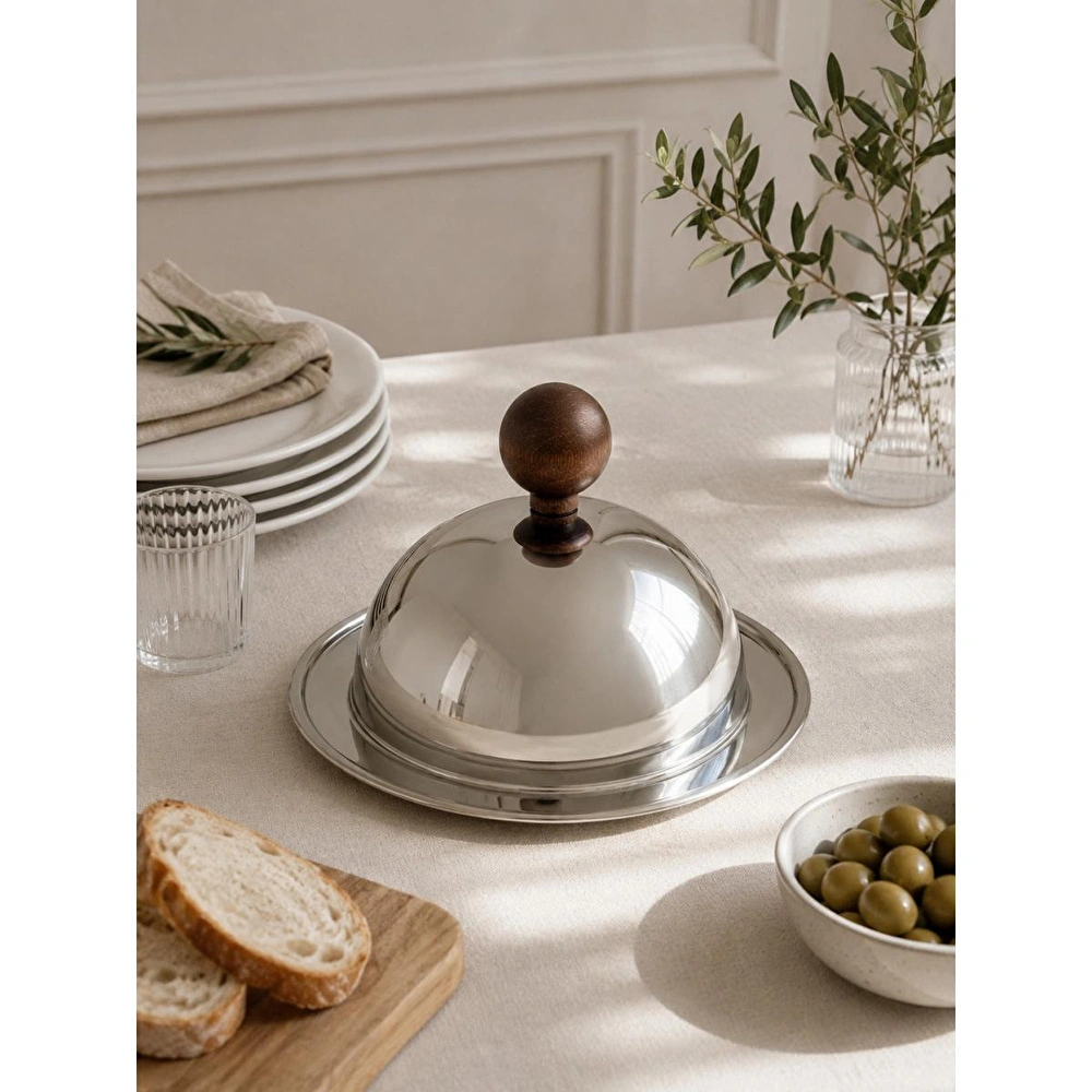 Beige & Stone Ahşap Kulplu Paslanmaz Çelik Fanuslu Sunum Tabağı 15 Cm – 13 Cm Kapaklı Kahvaltılık Peynir Tereyağı İkram Tabağı görseli 1